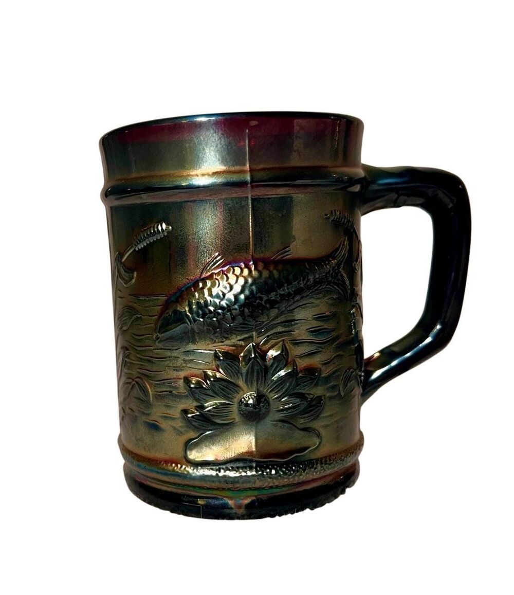 Dugan Fisherman's Mug Black Amethyst Iridized Color Carnival Glass Mug Inscribed